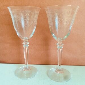 Anthropologie Alexia Red Wine Glasses Pair Clear Floral Etch Cut Flared Stemware